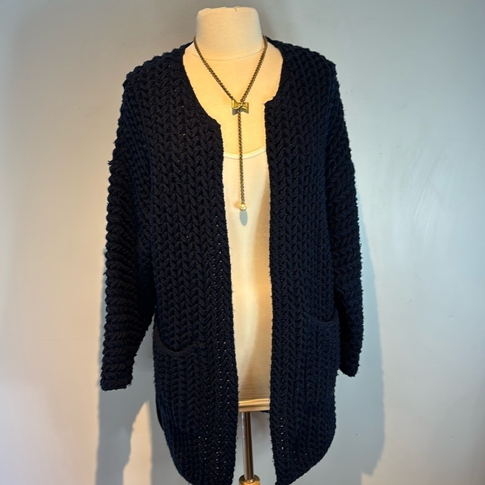 Oak + Fort navy blue Chunky  knit open front cardigan with pockets O/S
